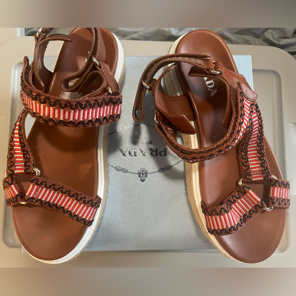 Prada Jacquard and leather platform espadrille sandals
